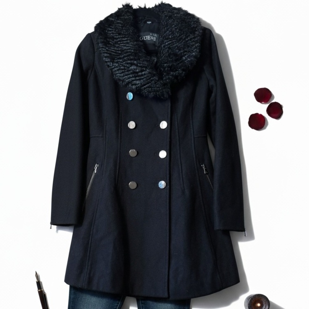 Guess Black Faux Fur Collar Double Breasted Coat XS Fitted Fit & Flare